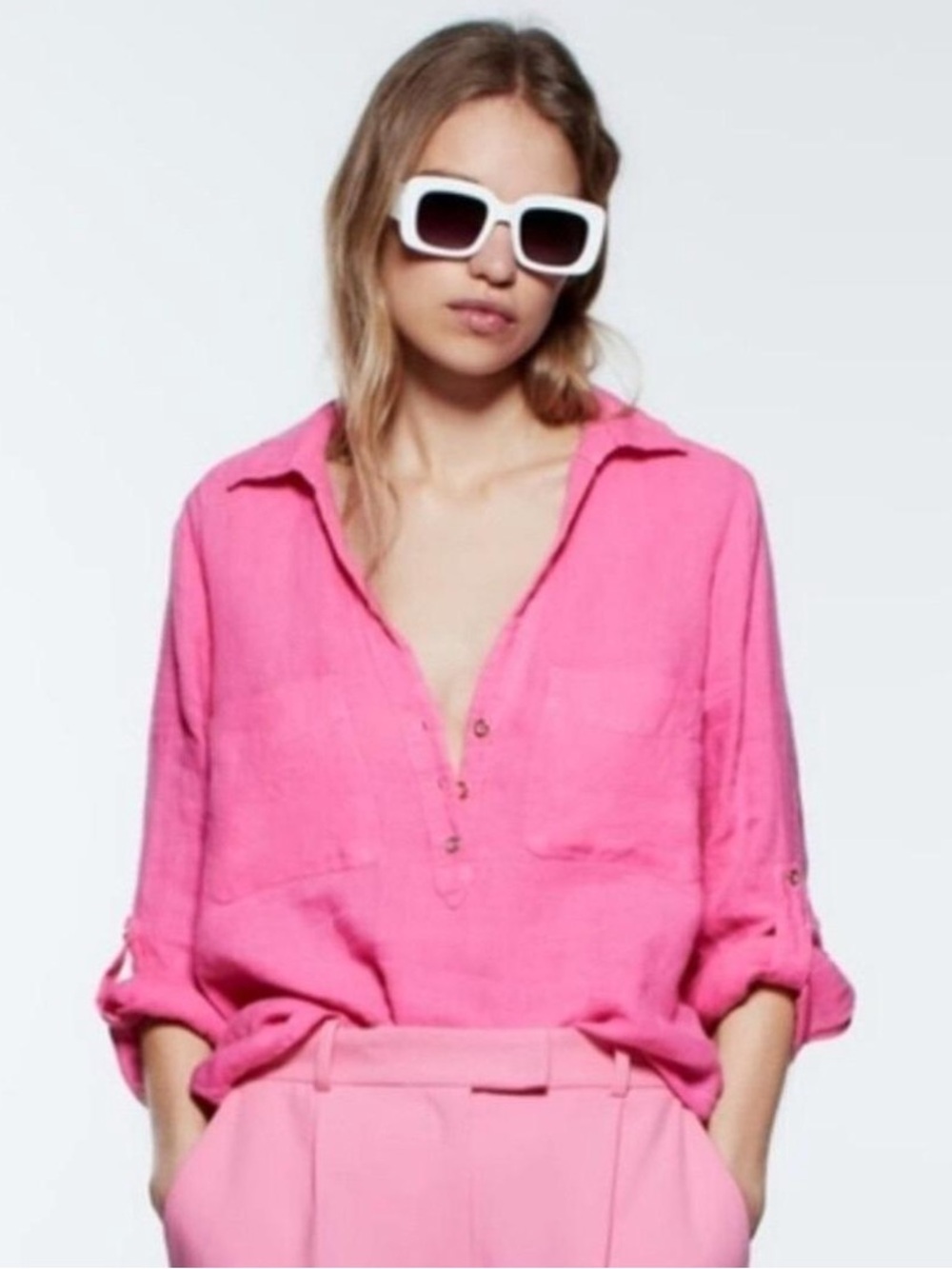 Zara Relaxed Hot Pink Button-Front Women's Top